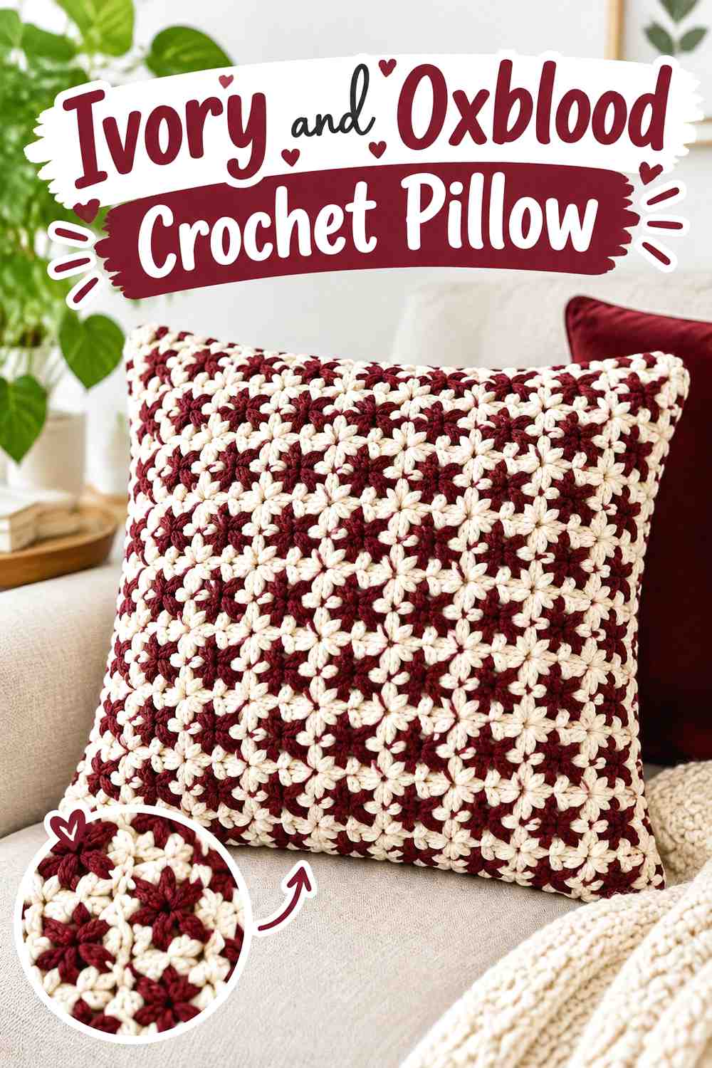 2. Ivory And Oxblood Crochet Pillow