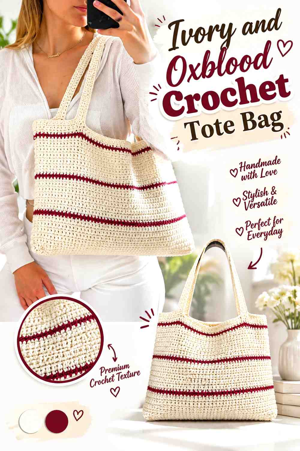 4. Ivory And Oxblood Crochet Tote Bag