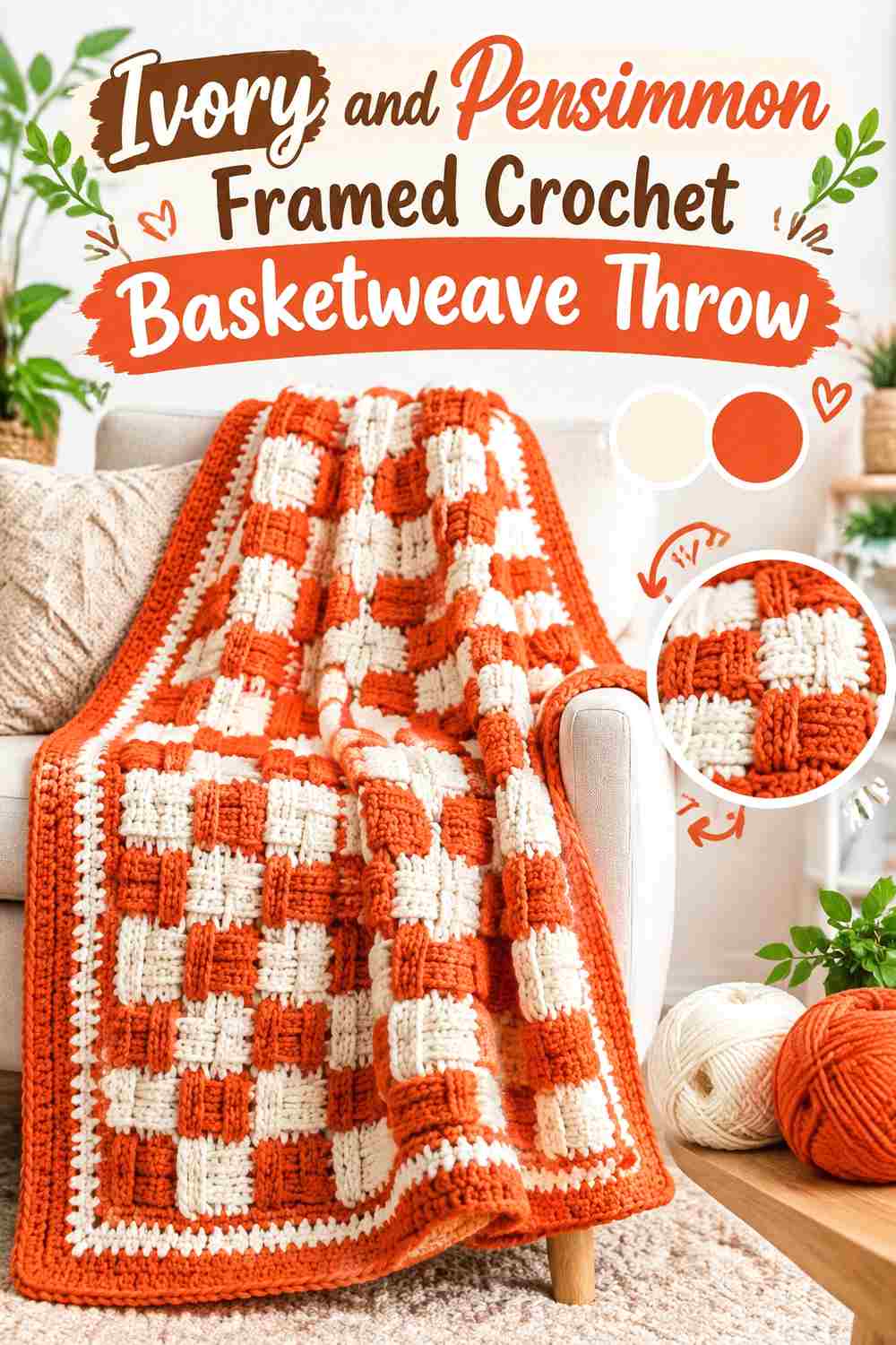 16. Ivory And Persimmon Framed Crochet Basketweave Throw