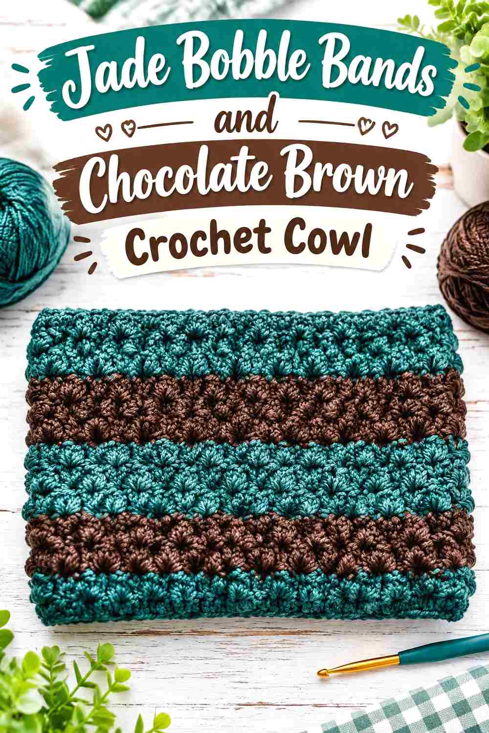 7. Jade Bobble Bands And Chocolate Brown Crochet Cowl