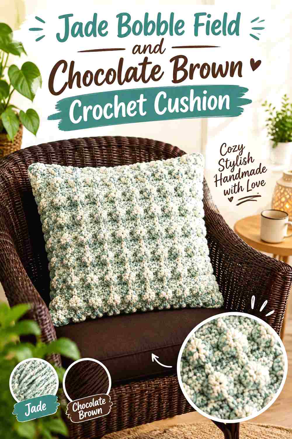 9. Jade Bobble Field And Chocolate Brown Crochet Cushion