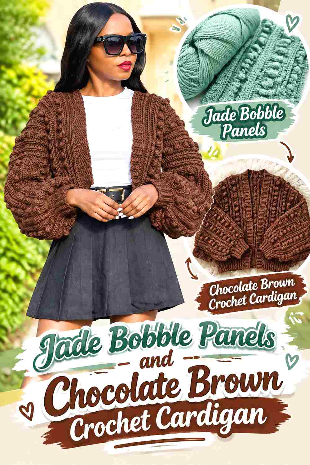2. Jade Bobble Panels And Chocolate Brown Crochet Cardigan