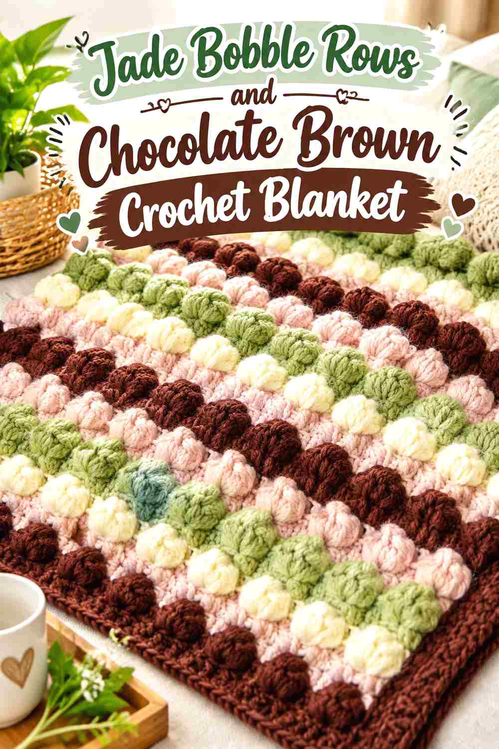 1. Jade Bobble Rows And Chocolate Brown Crochet Blanket