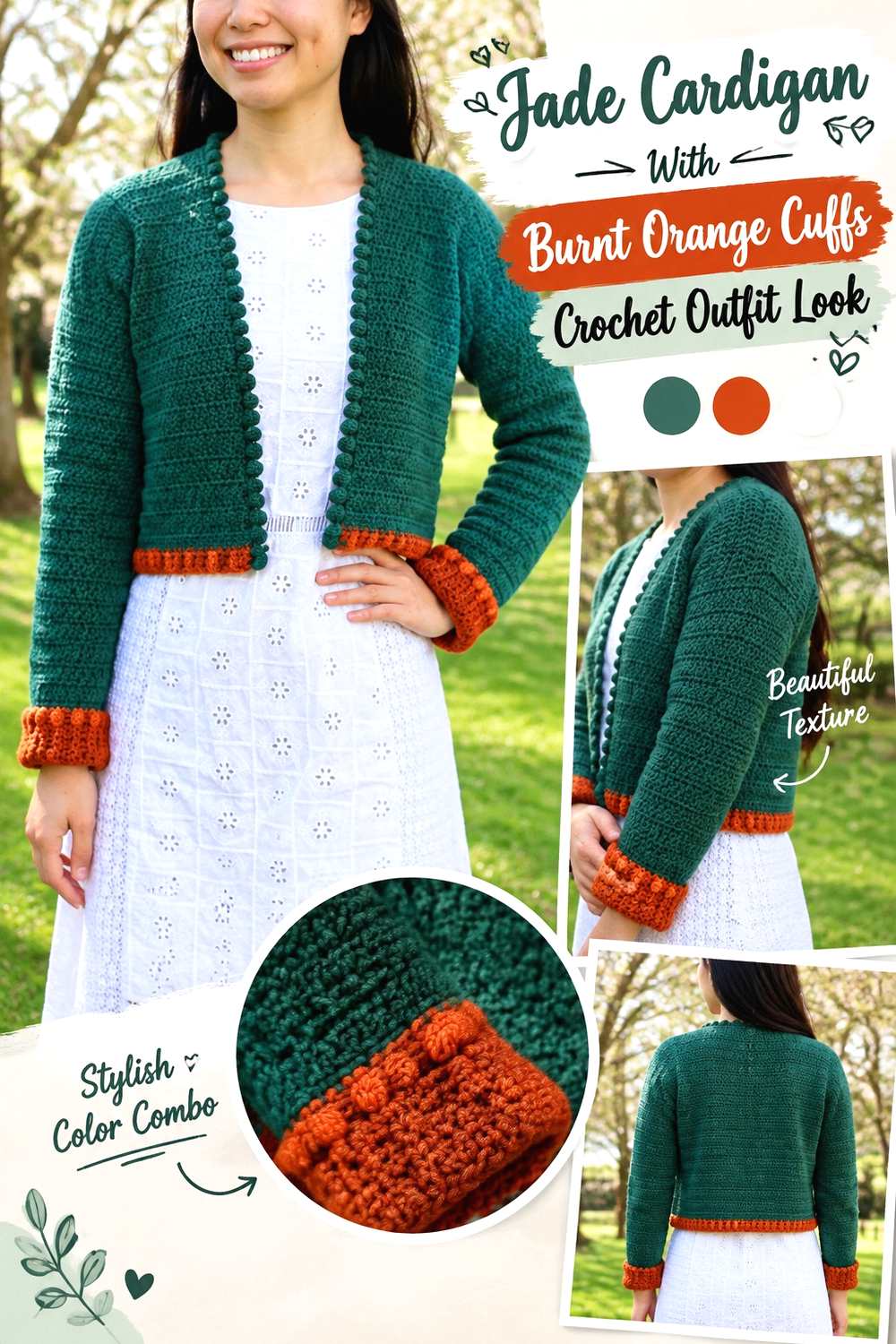 1. Jade Cardigan With Burnt Orange Cuffs Crochet Outfit Look