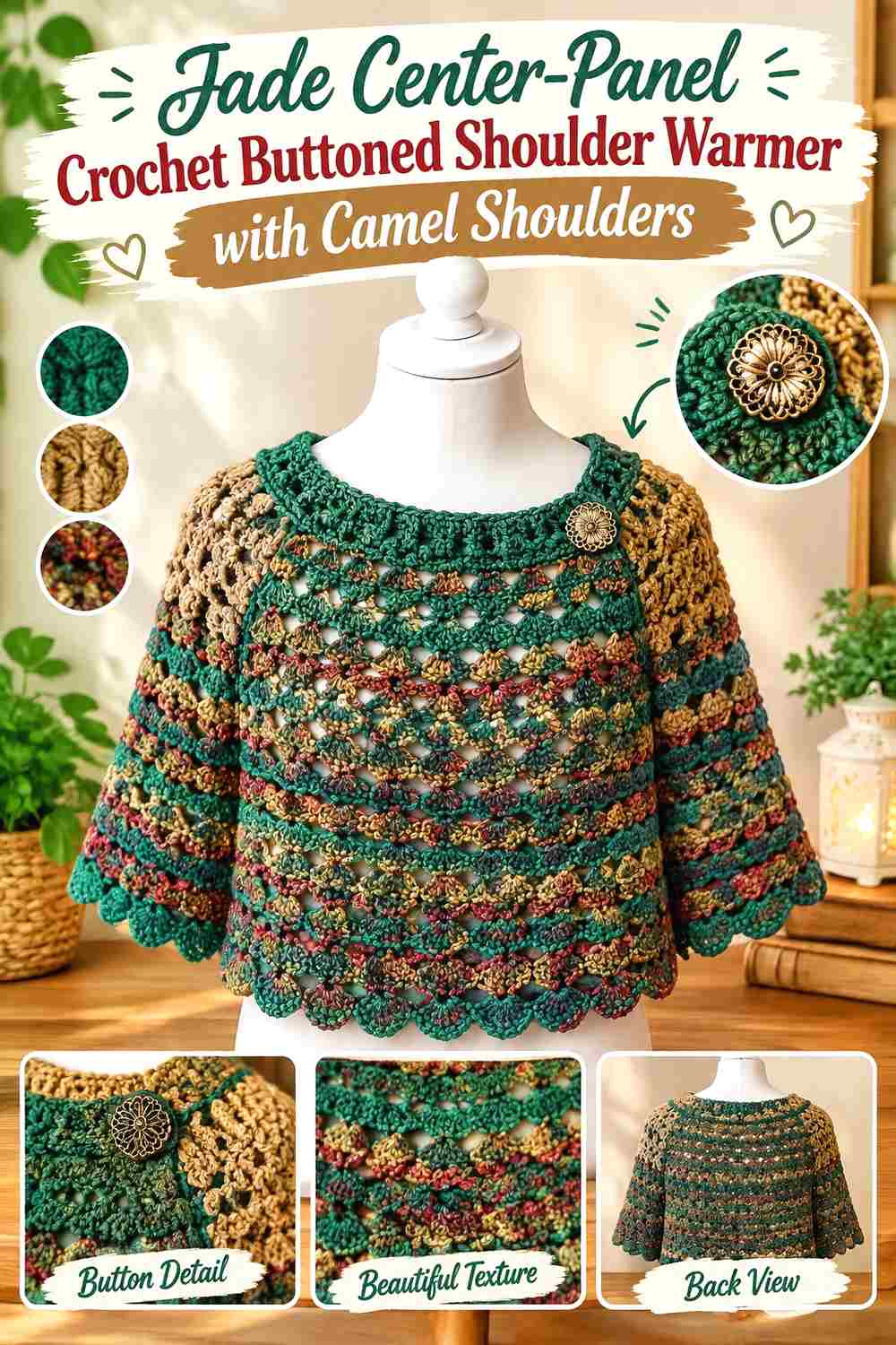 11. Jade Center Panel Crochet Buttoned Shoulder Warmer With Camel Shoulders
