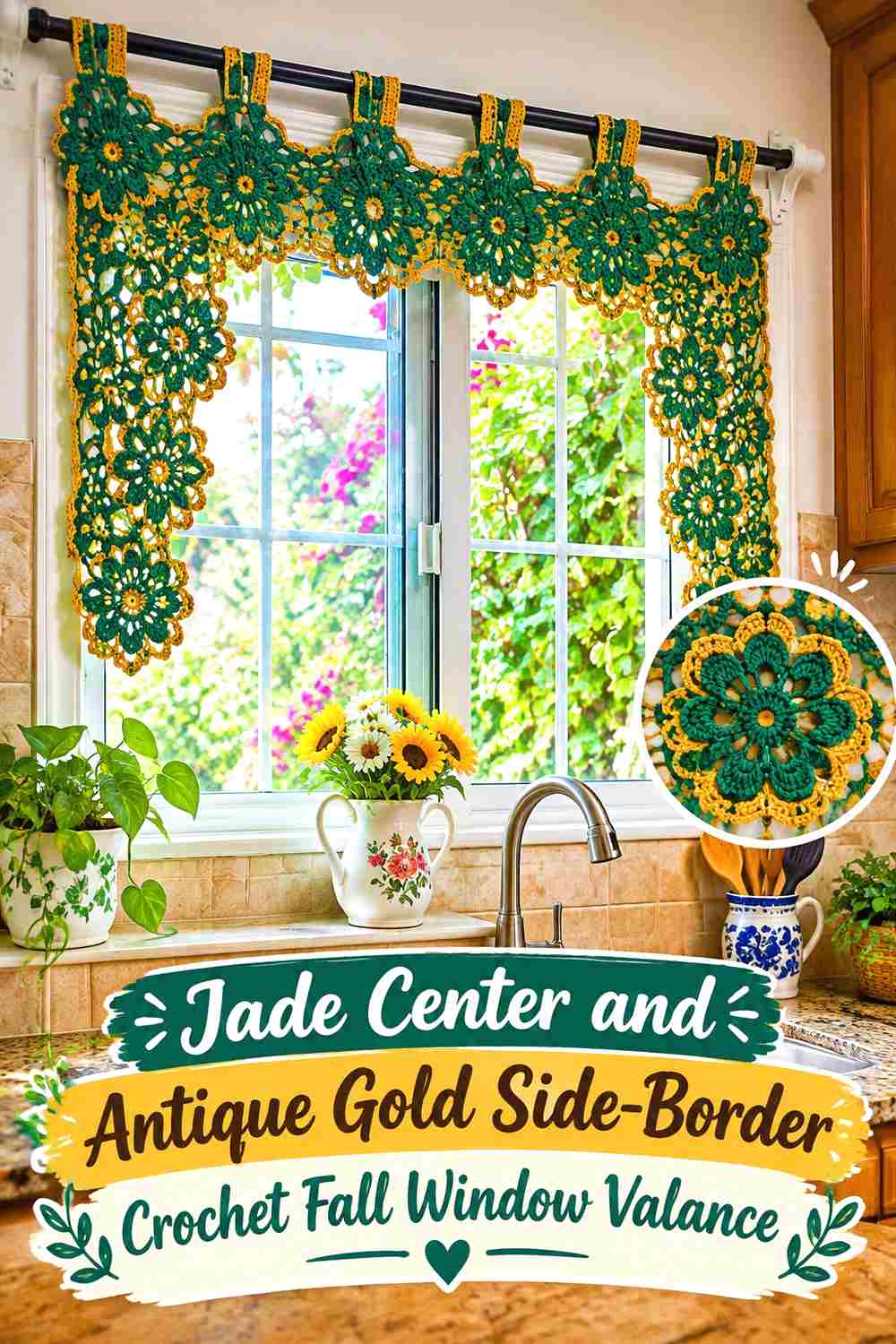 3. Jade Center And Antique Gold Side Border Crochet Fall Window Valance
