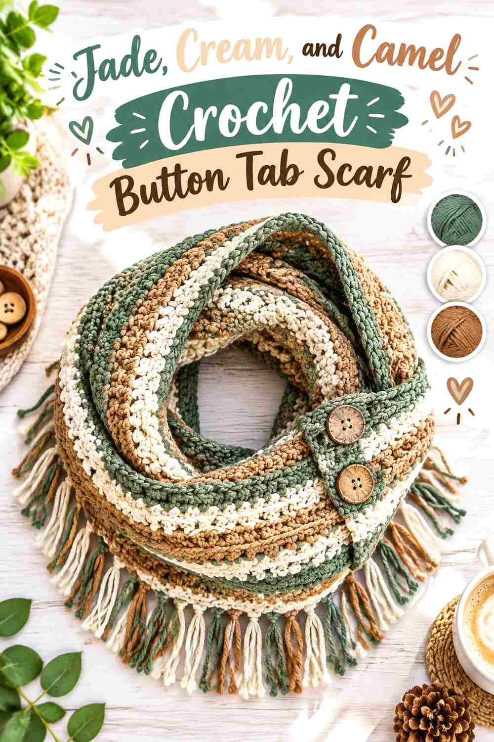 6. Jade Cream And Camel Crochet Button Tab Scarf