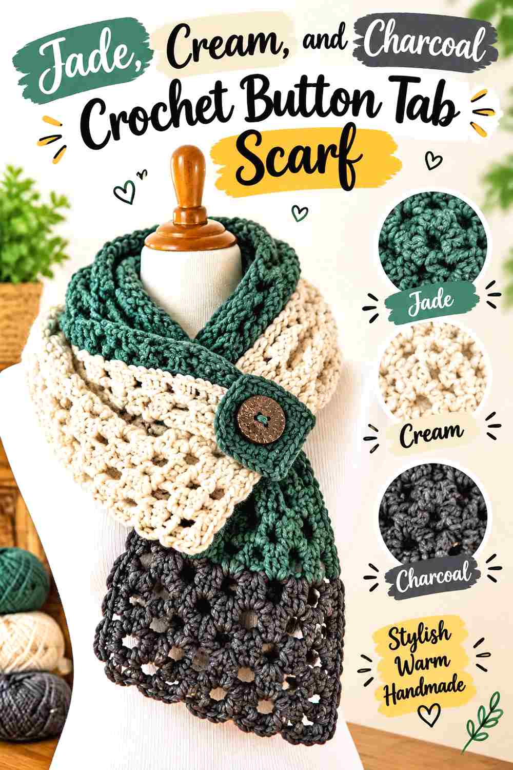 7. Jade Cream And Charcoal Crochet Button Tab Scarf