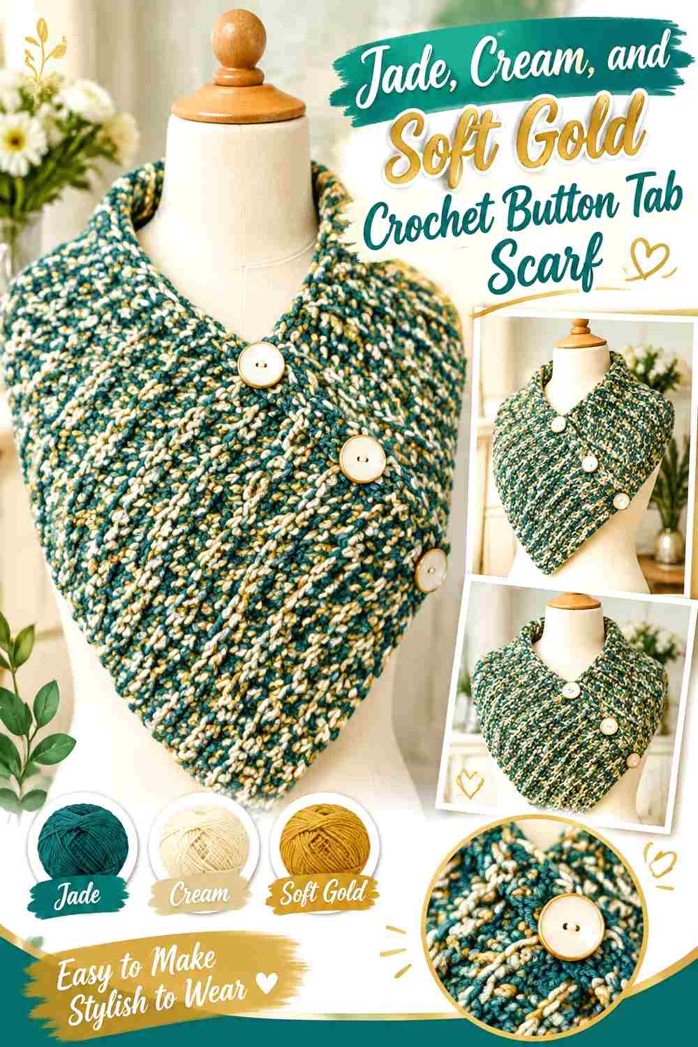 9. Jade Cream And Soft Gold Crochet Button Tab Scarf
