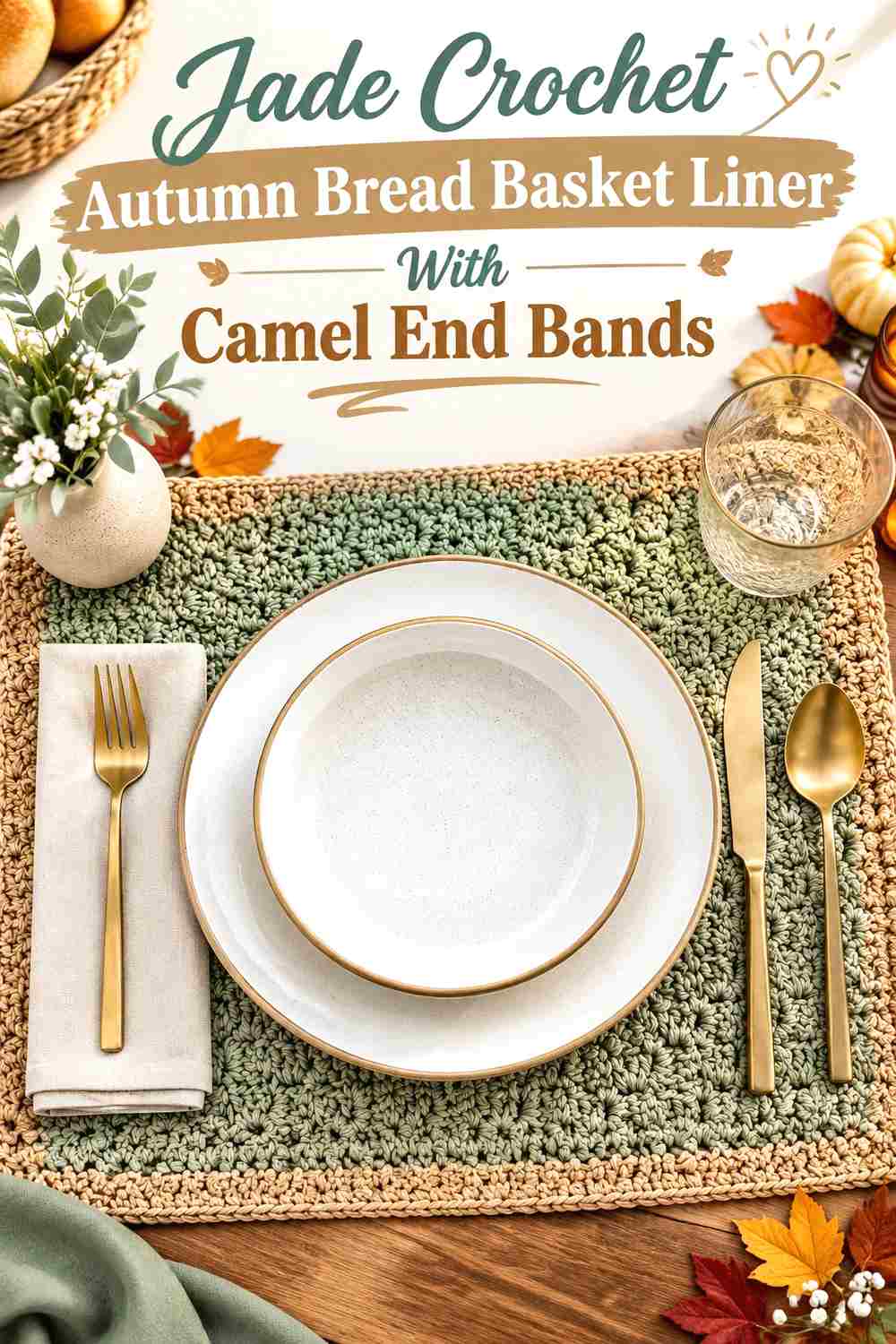 6. Jade Crochet Autumn Bread Basket Liner With Camel End Bands