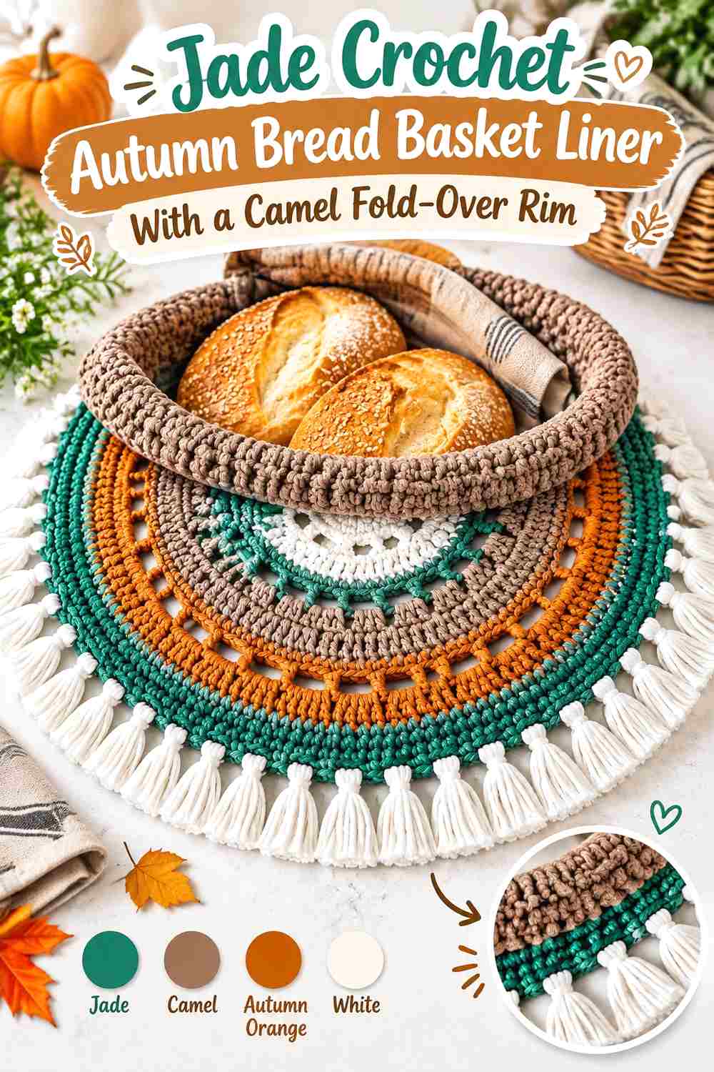 9. Jade Crochet Autumn Bread Basket Liner With A Camel Fold Over Rim