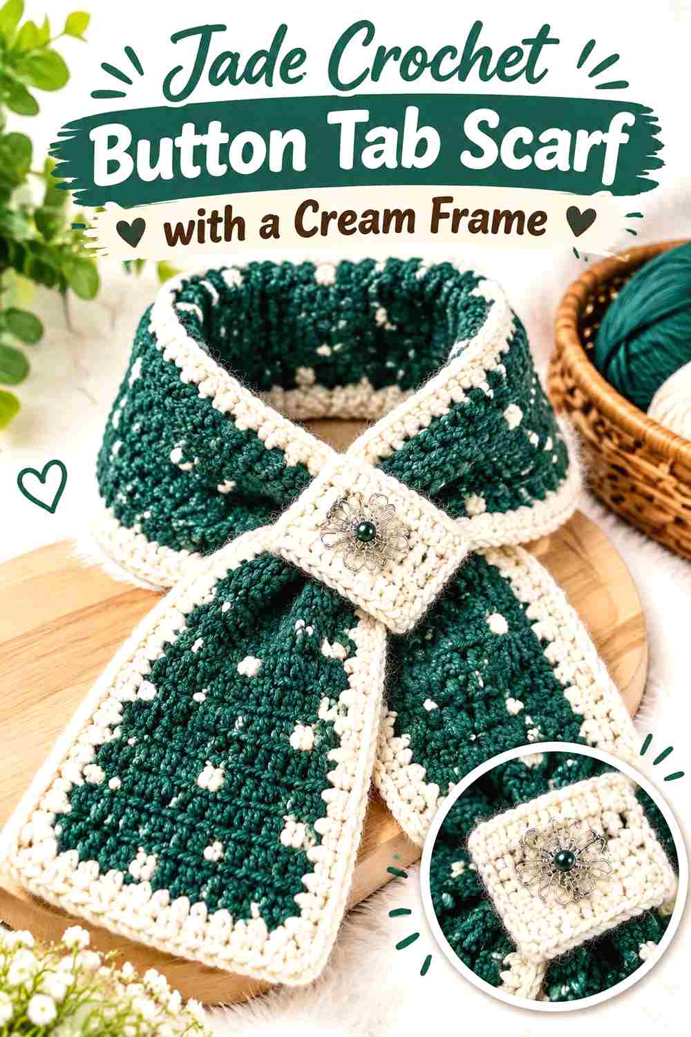4. Jade Crochet Button Tab Scarf With A Cream Frame