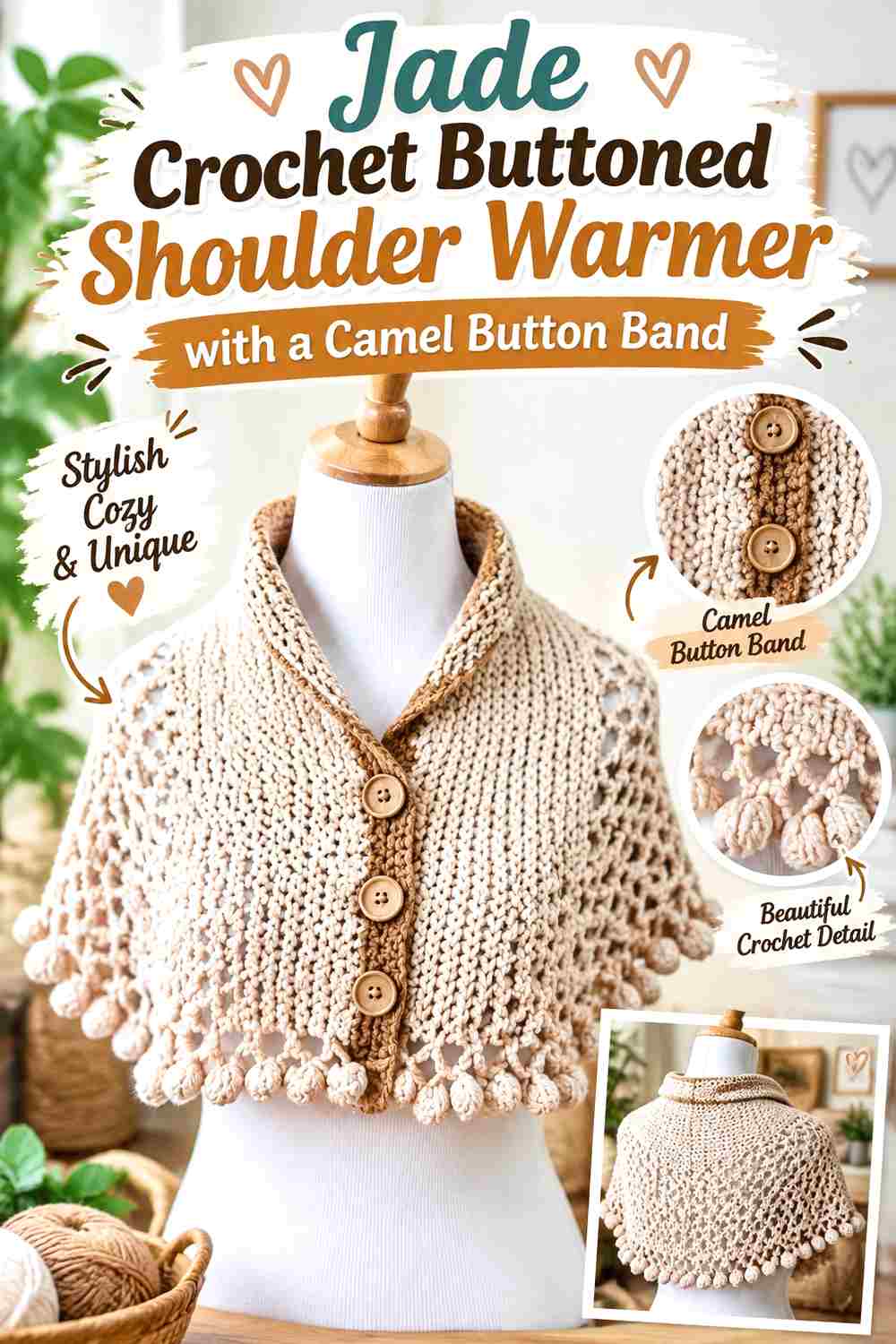 1. Jade Crochet Buttoned Shoulder Warmer With A Camel Button Band