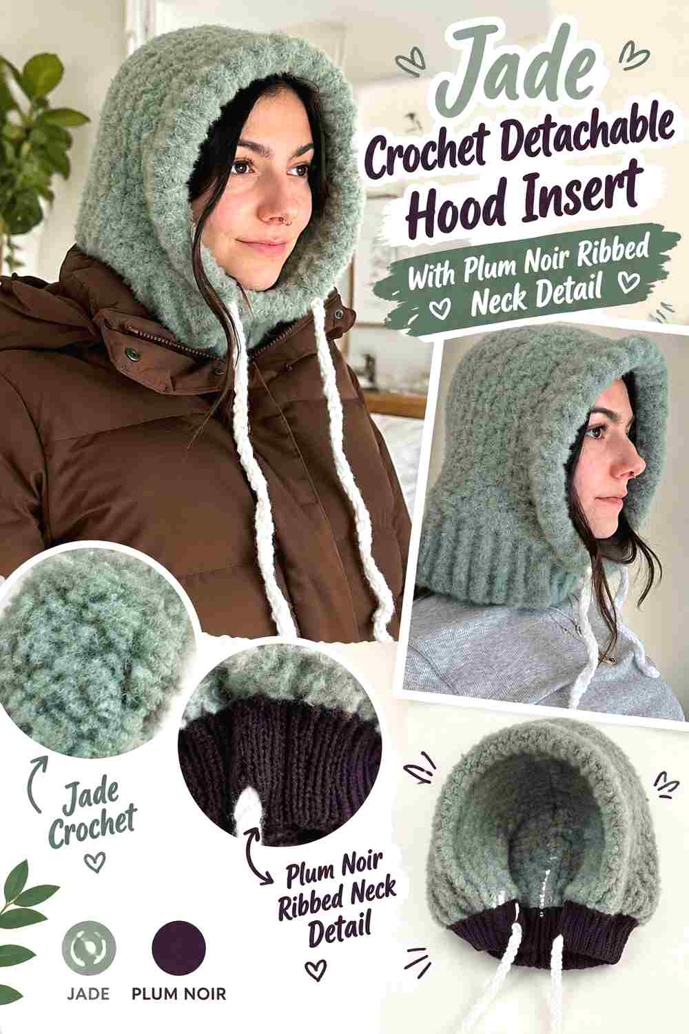 4. Jade Crochet Detachable Hood Insert With Plum Noir Ribbed Neck Detail
