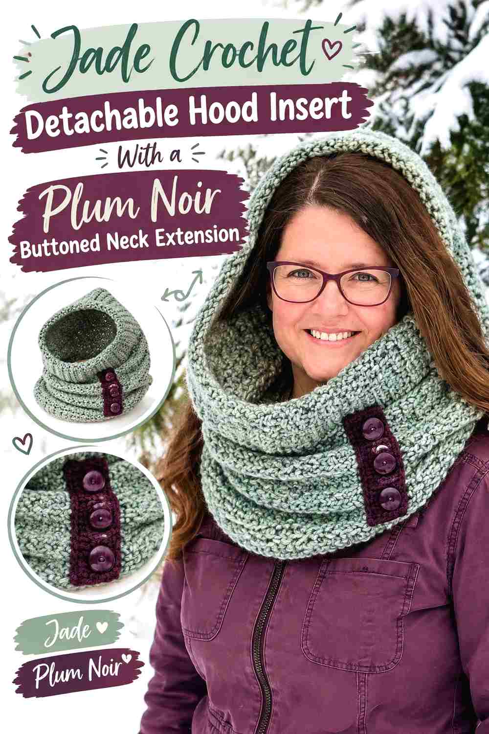 14. Jade Crochet Detachable Hood Insert With A Plum Noir Buttoned Neck Extension
