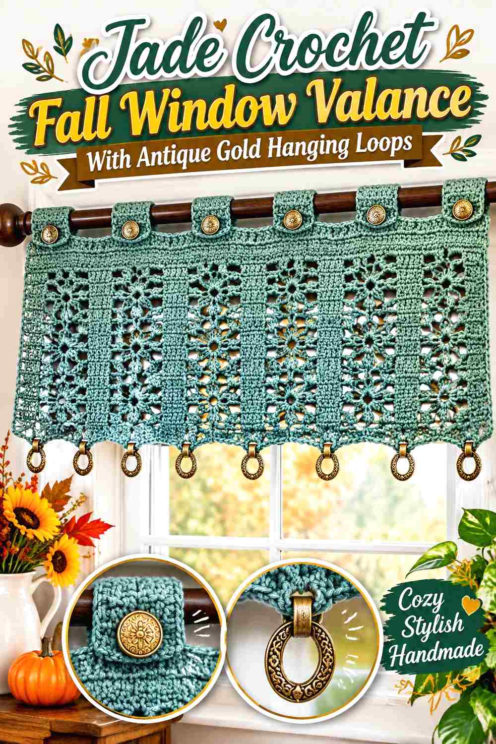 10. Jade Crochet Fall Window Valance With Antique Gold Hanging Loops