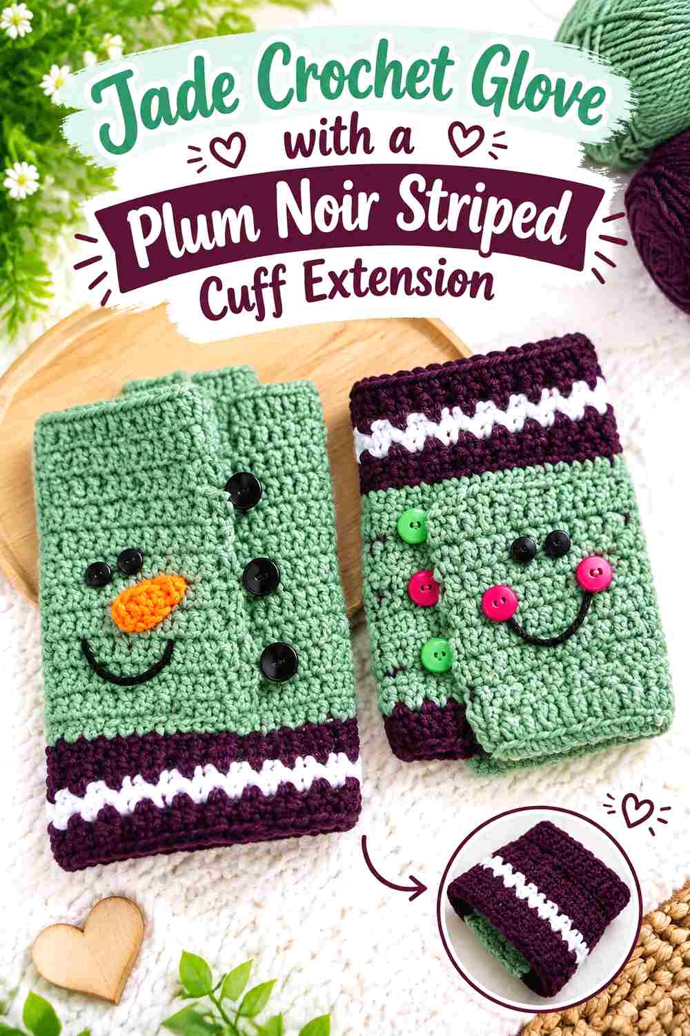 12. Jade Crochet Glove With A Plum Noir Striped Cuff Extension