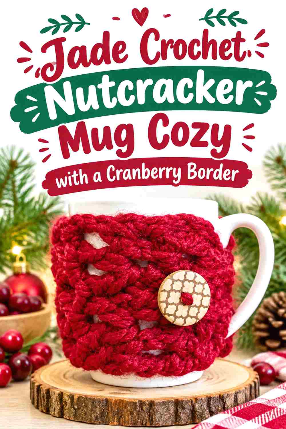 10. Jade Crochet Nutcracker Mug Cozy With A Cranberry Border