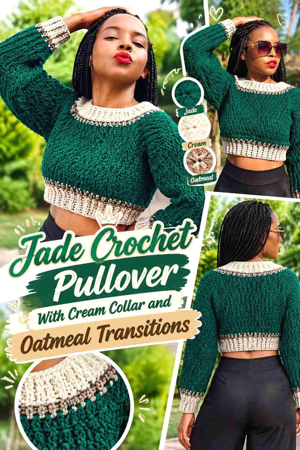 12. Jade Crochet Pullover With Cream Collar And Oatmeal Transitions