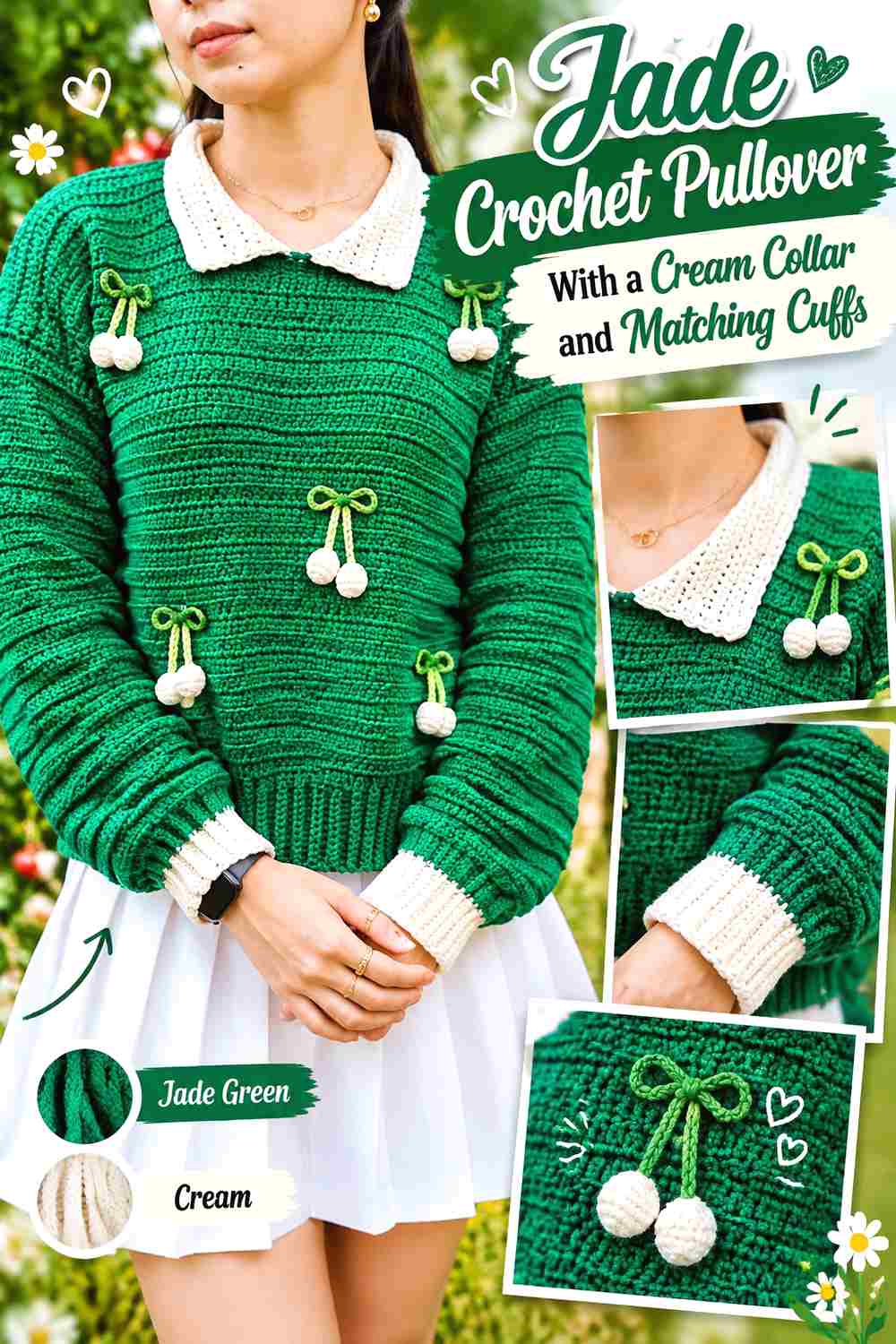 4. Jade Crochet Pullover With A Cream Collar And Matching Cuffs