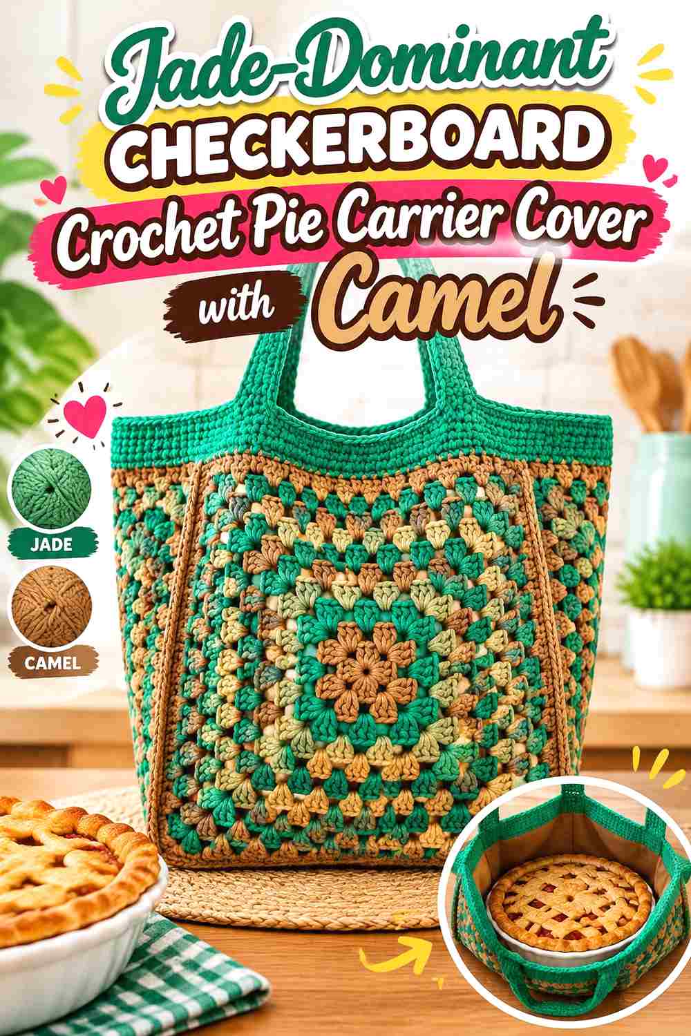 15. Jade Dominant Checkerboard Crochet Pie Carrier Cover With Camel