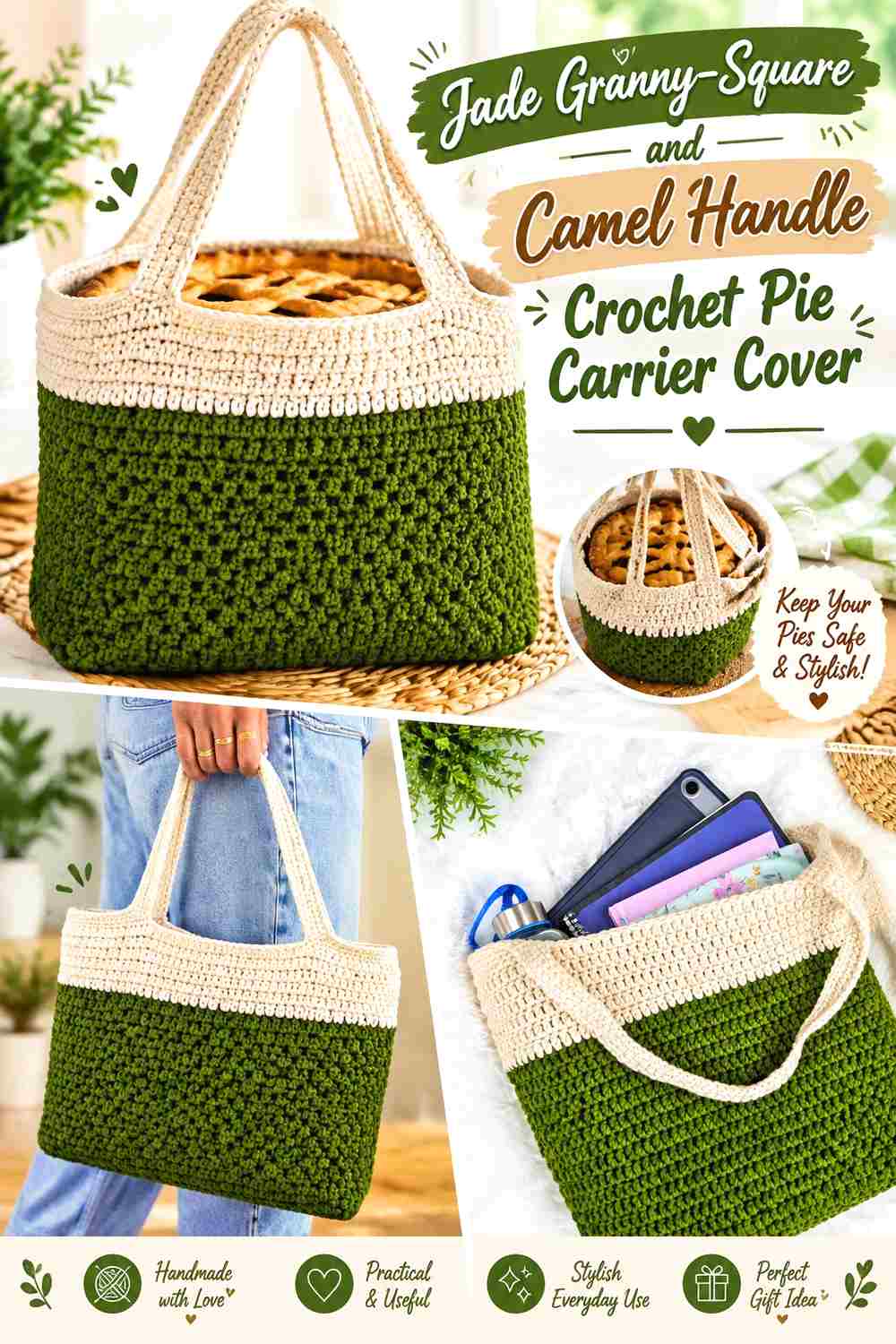 11. Jade Granny Square And Camel Handle Crochet Pie Carrier Cover
