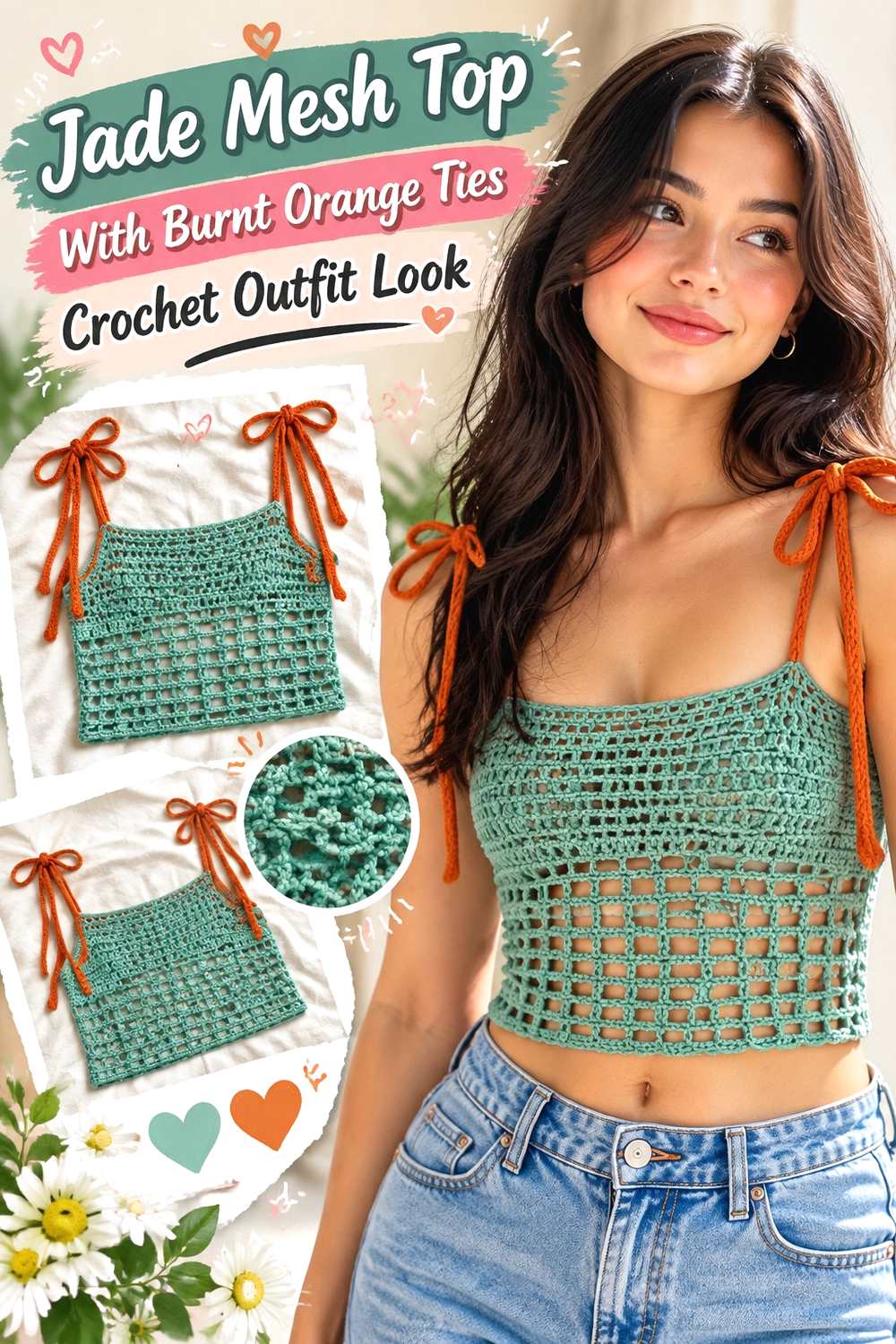 4. Jade Mesh Top With Burnt Orange Ties Crochet Outfit Look