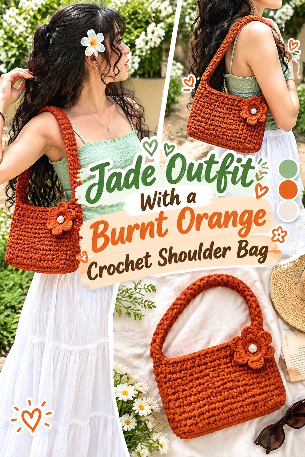 6. Jade Outfit With A Burnt Orange Crochet Shoulder Bag