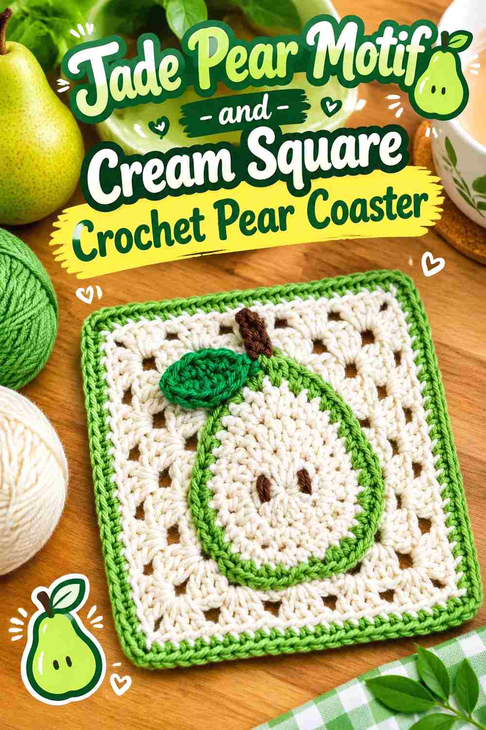 11. Jade Pear Motif And Cream Square Crochet Pear Coaster