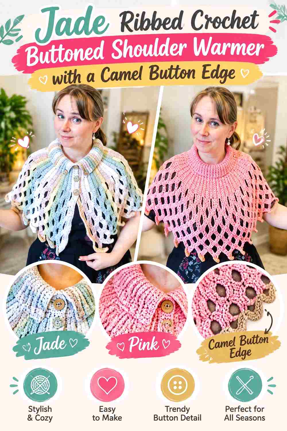 14. Jade Ribbed Crochet Buttoned Shoulder Warmer With A Camel Button Edge