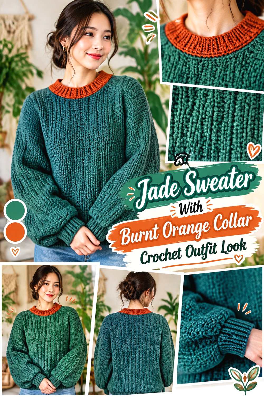 7. Jade Sweater With Burnt Orange Collar Crochet Outfit Look