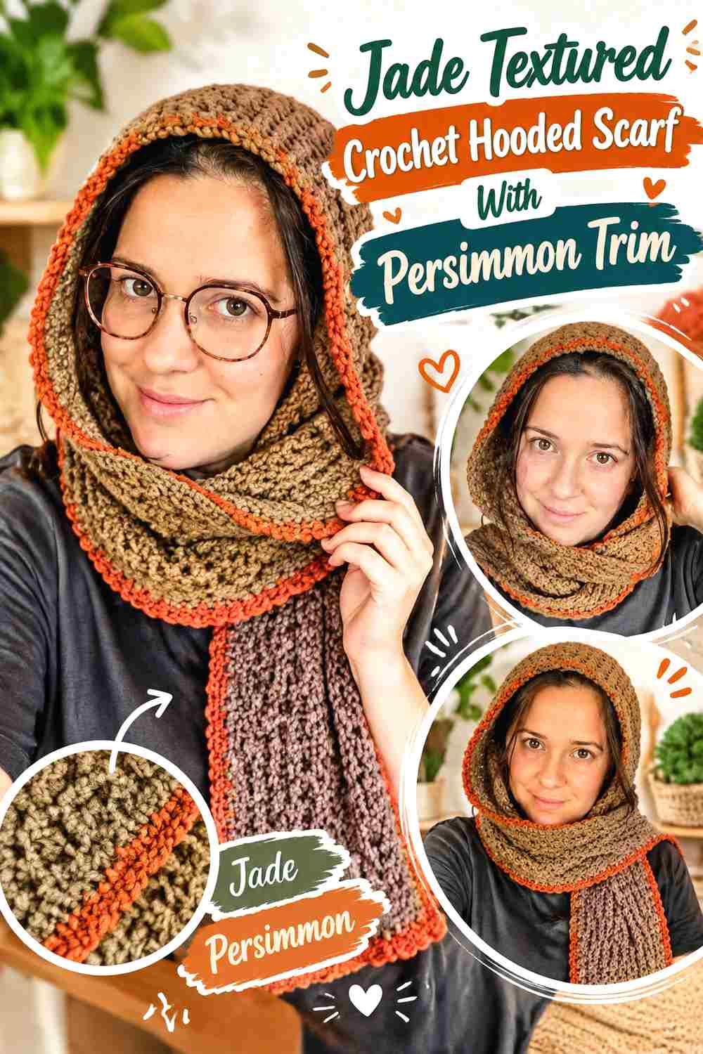14. Jade Textured Crochet Hooded Scarf With Persimmon Trim
