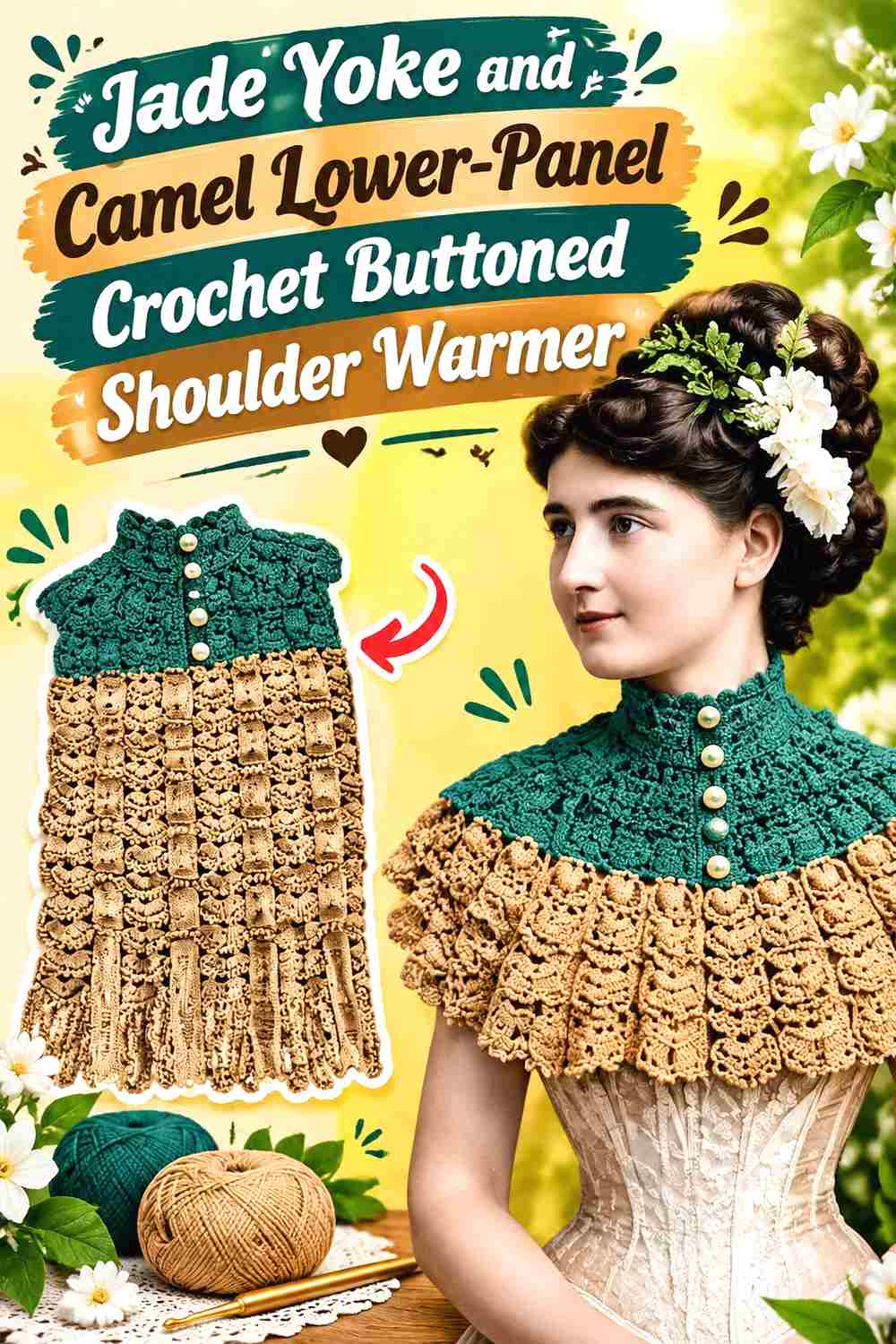 9. Jade Yoke And Camel Lower Panel Crochet Buttoned Shoulder Warmer