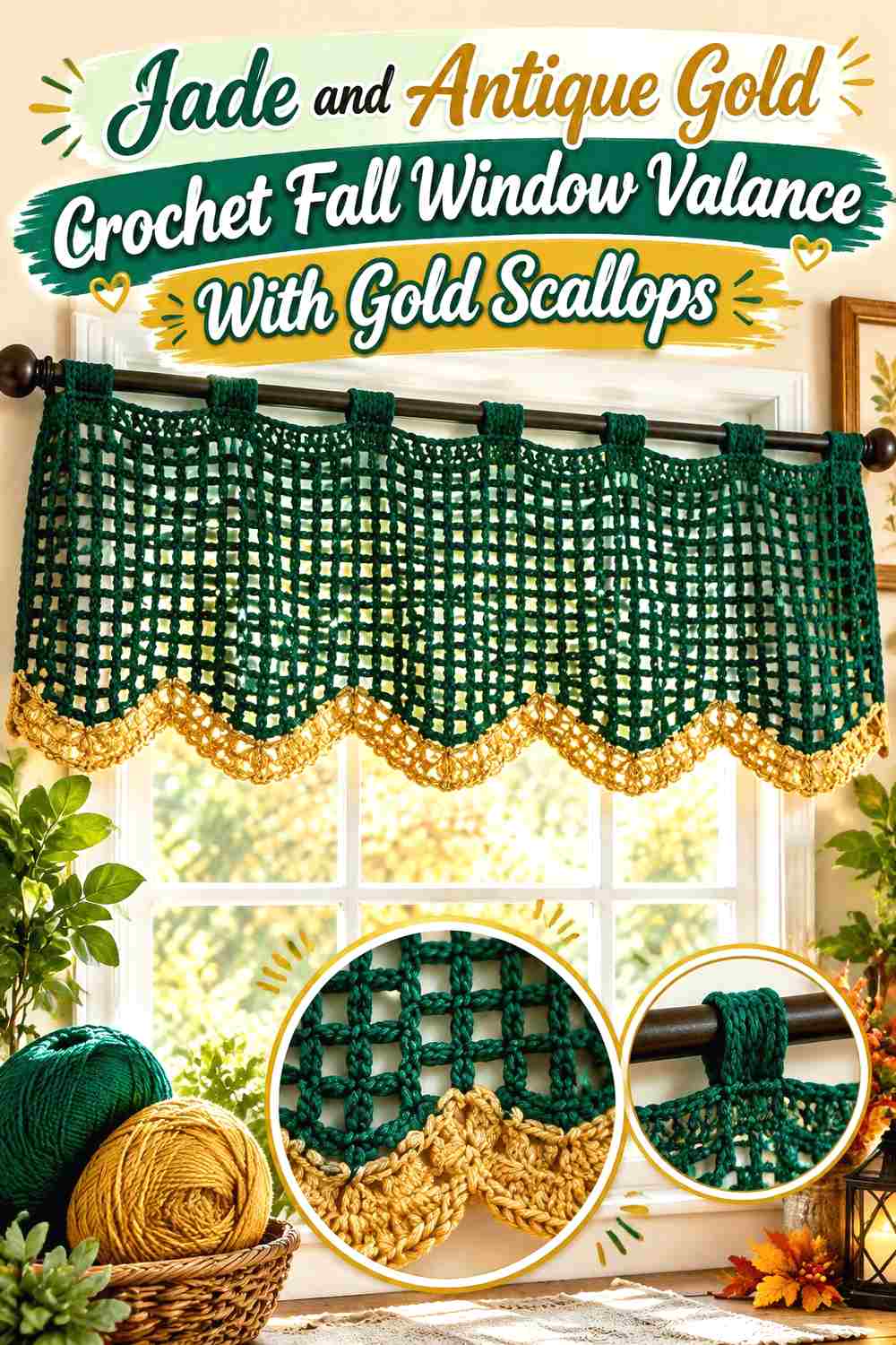 1. Jade And Antique Gold Crochet Fall Window Valance With Gold Scallops