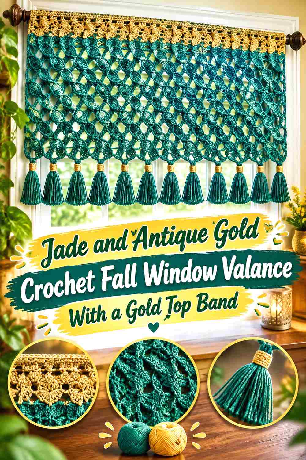 7. Jade And Antique Gold Crochet Fall Window Valance With A Gold Top Band