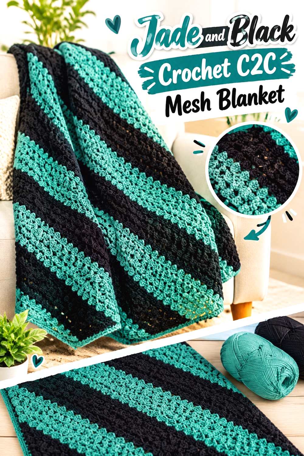 3. Jade And Black Crochet C2c Mesh Blanket