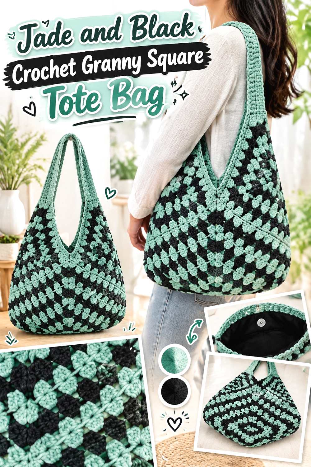 2. Jade And Black Crochet Granny Square Tote