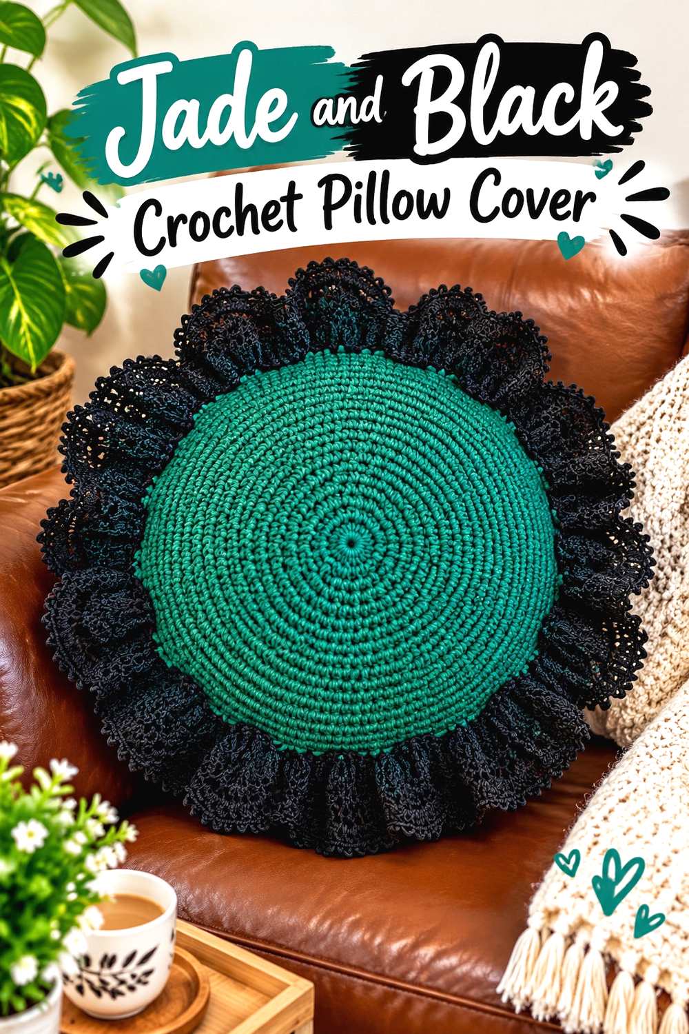 17. Jade And Black Crochet Pillow Cover