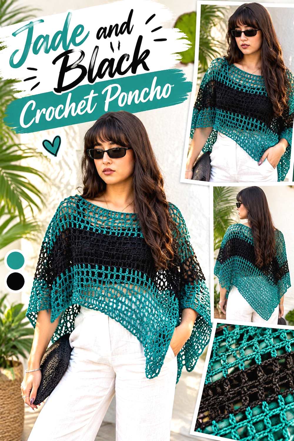 5. Jade And Black Crochet Poncho