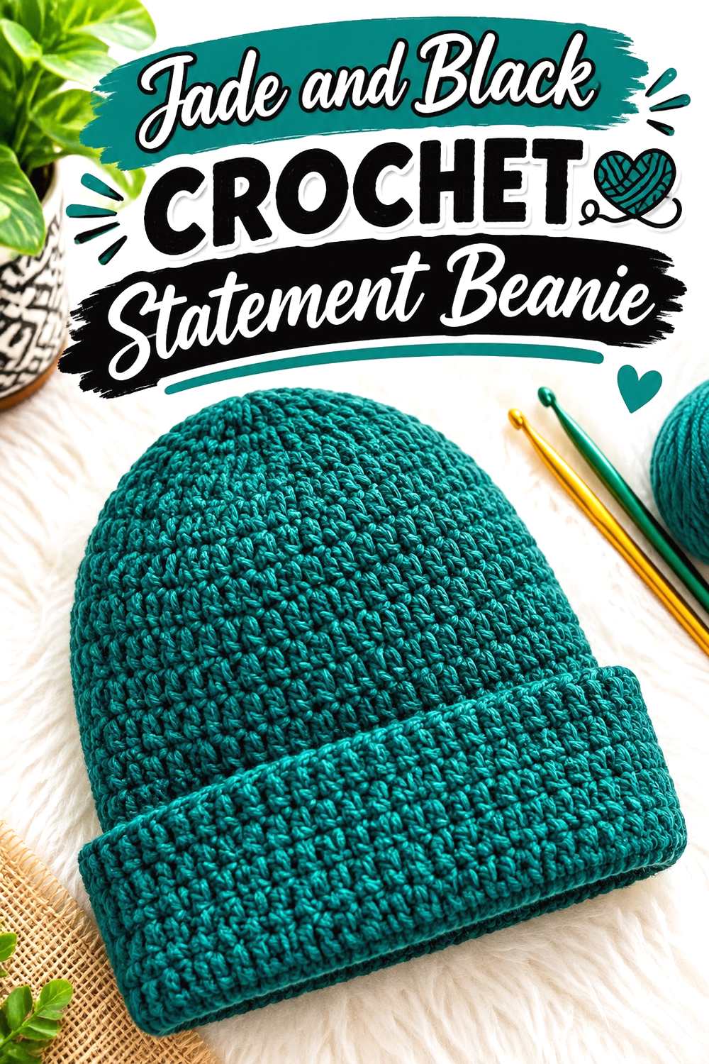6. Jade And Black Crochet Statement Beanie