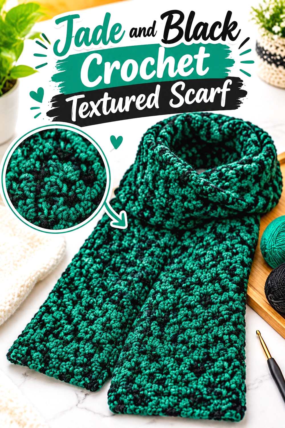 8. Jade And Black Crochet Textured Scarf