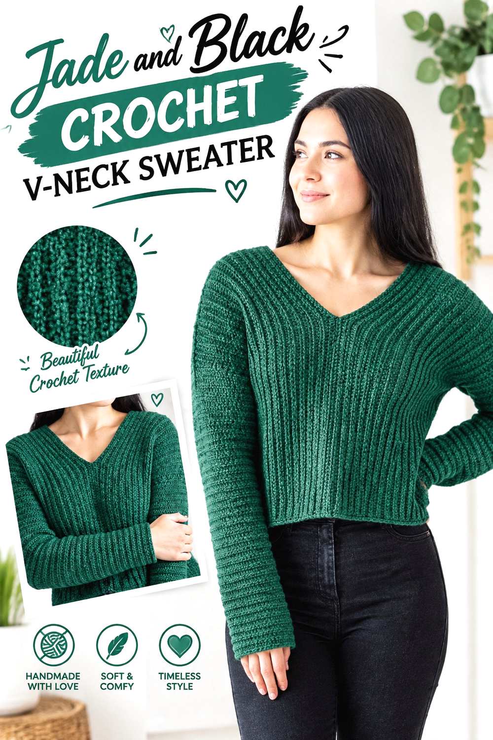 15. Jade And Black Crochet V Neck Sweater