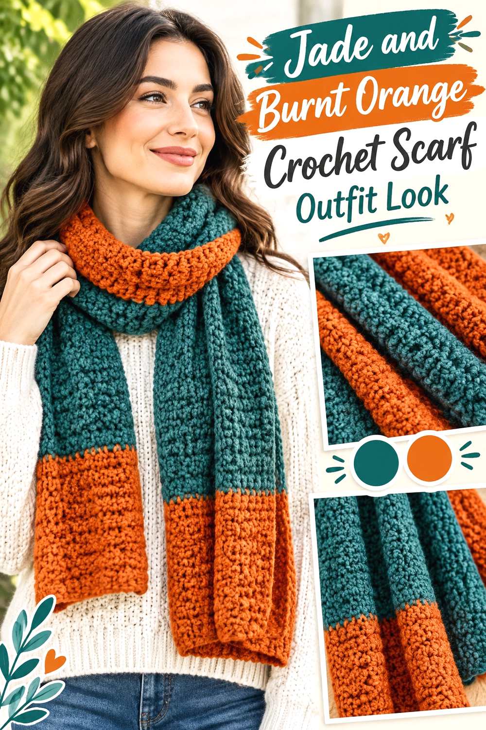 15. Jade And Burnt Orange Crochet Scarf Outfit Look