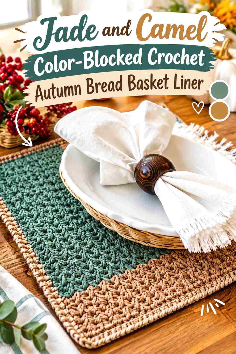 16. Jade And Camel Color Blocked Crochet Autumn Bread Basket Liner