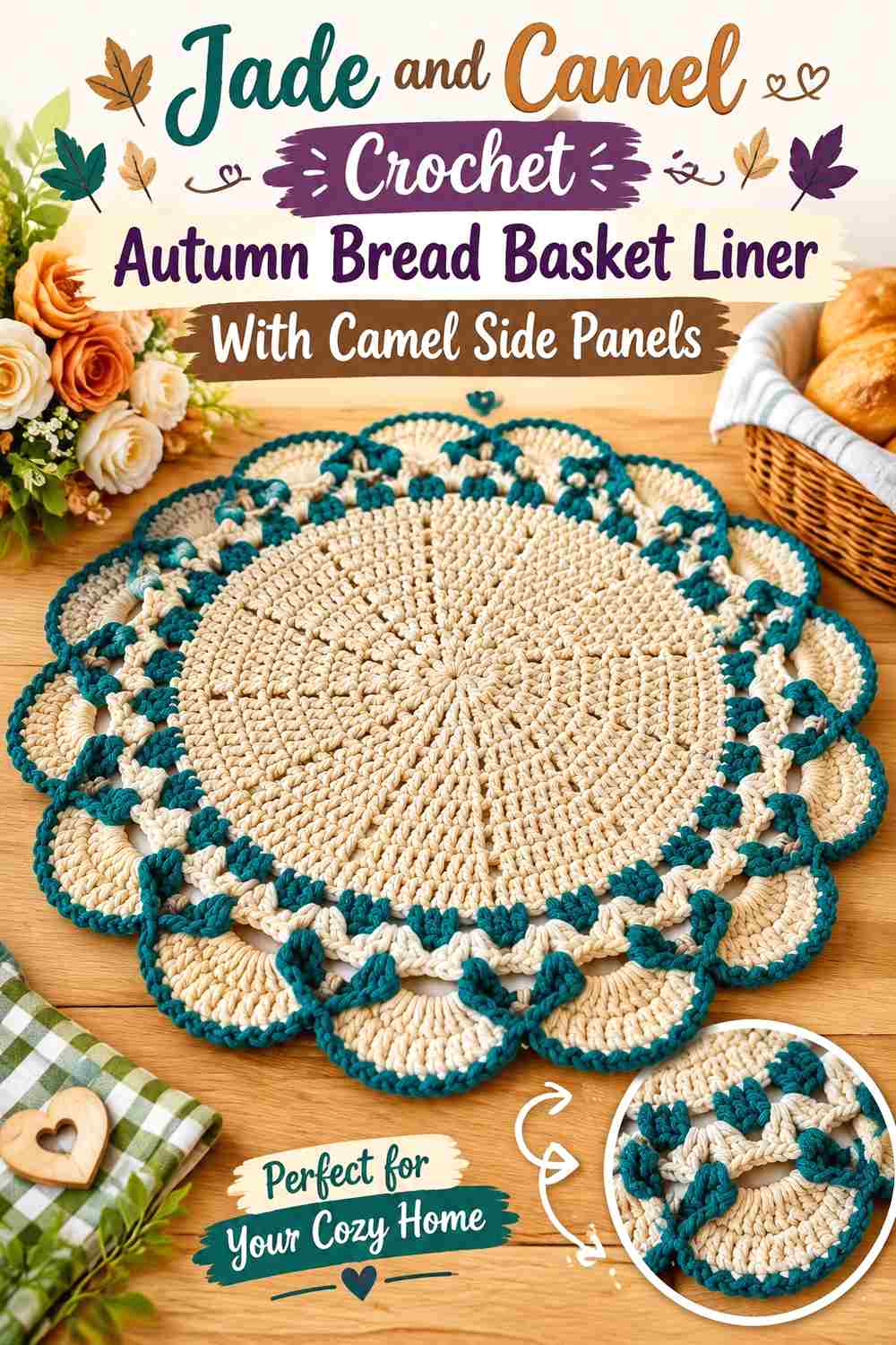 15. Jade And Camel Crochet Autumn Bread Basket Liner With Camel Side Panels