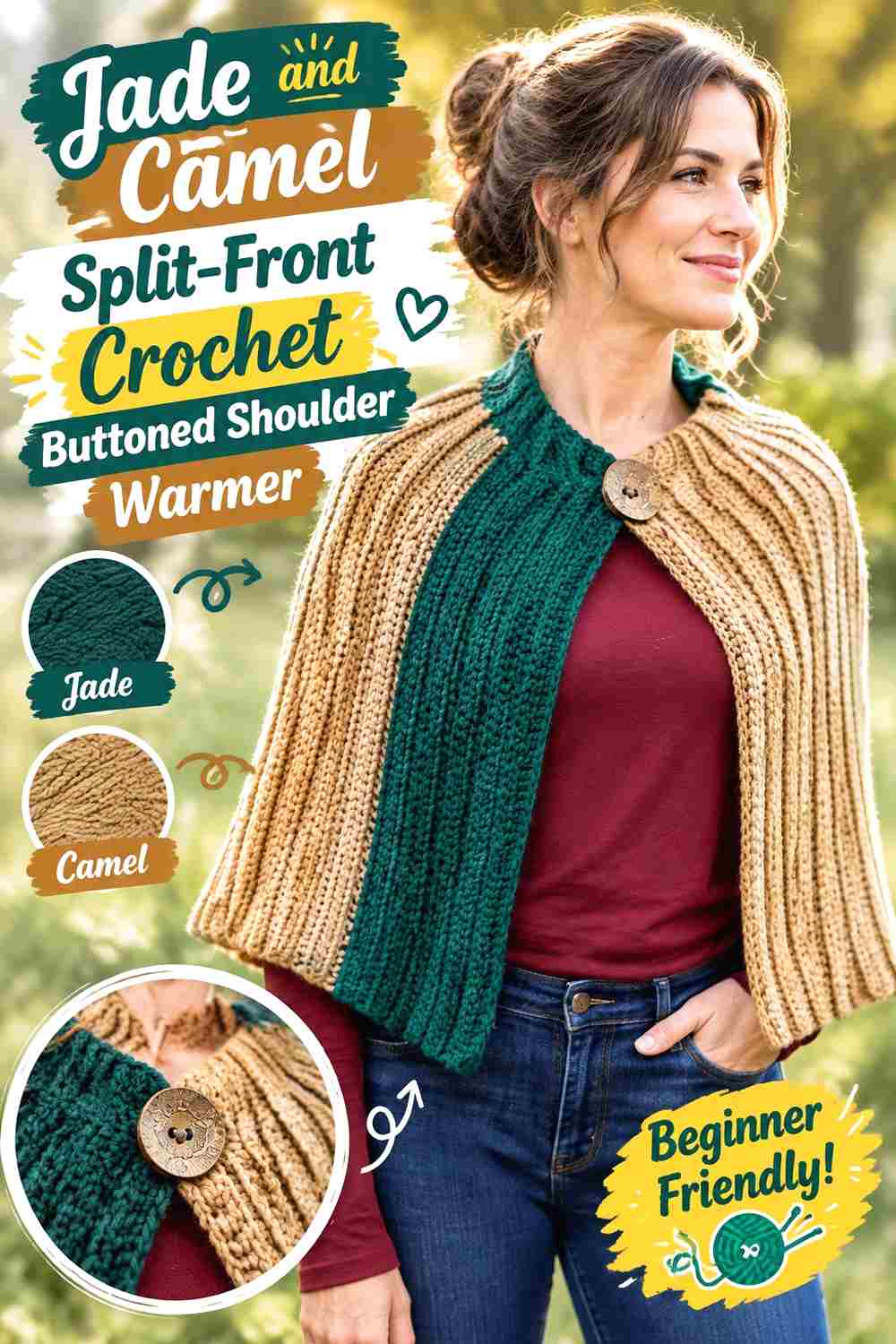 5. Jade And Camel Split Front Crochet Buttoned Shoulder Warmer