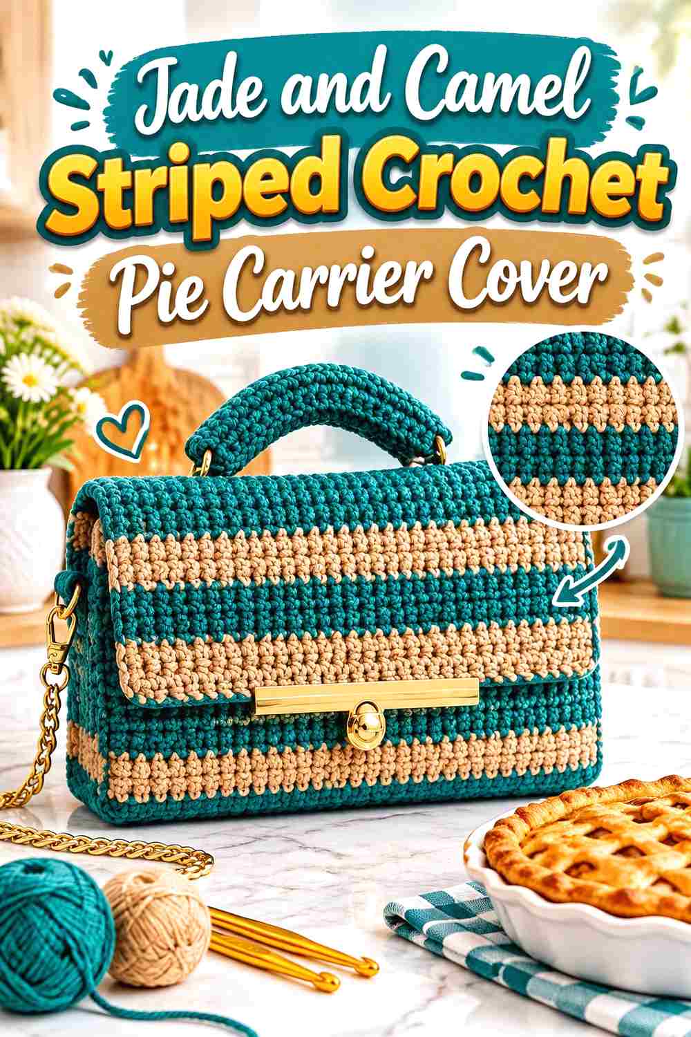 8. Jade And Camel Striped Crochet Pie Carrier Cover
