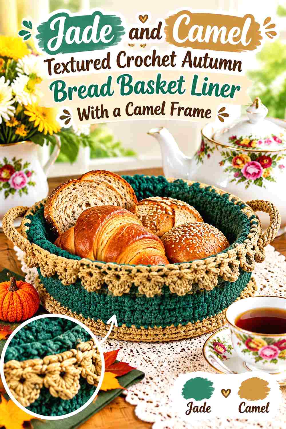 11. Jade And Camel Textured Crochet Autumn Bread Basket Liner With A Camel Frame