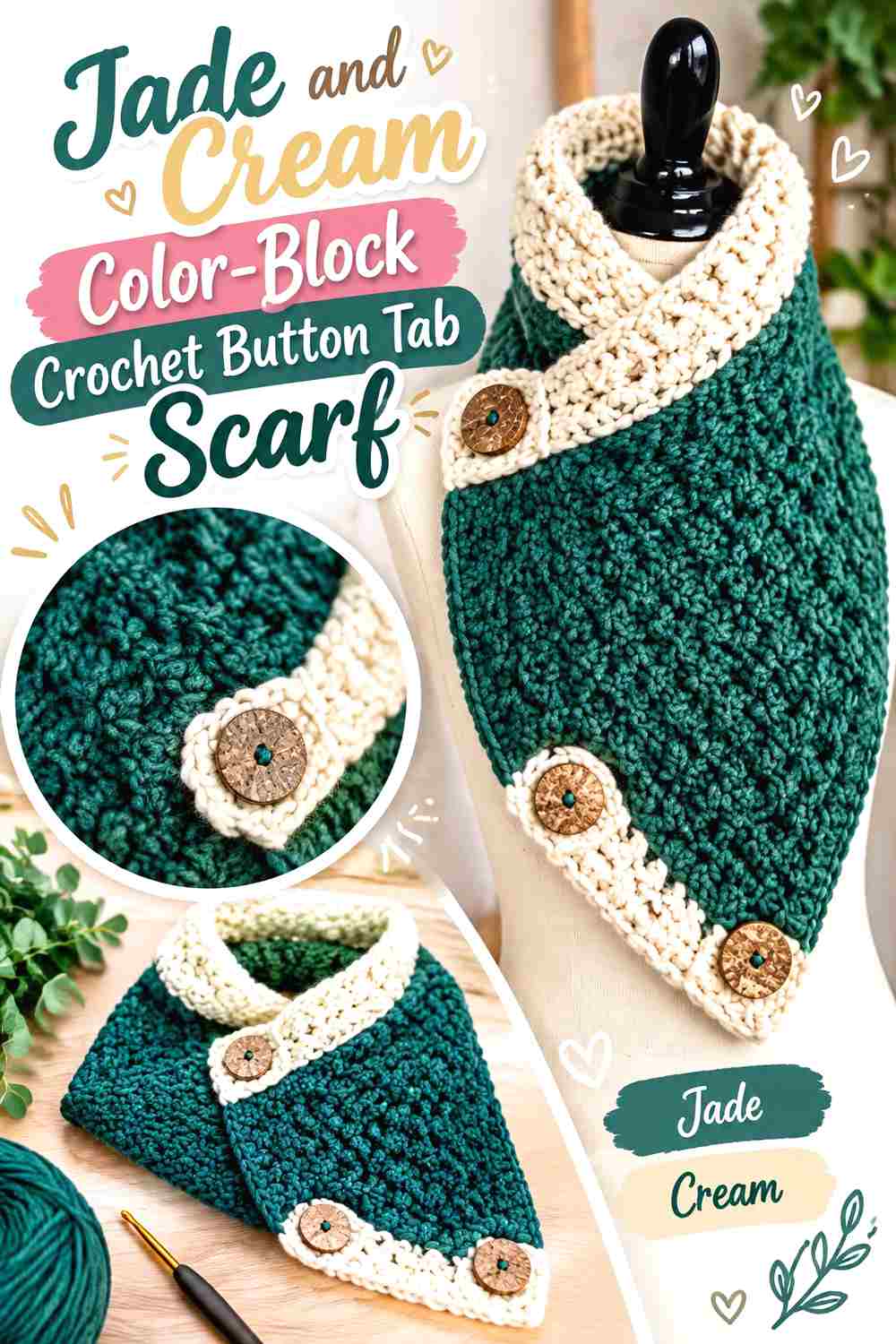 2. Jade And Cream Color Block Crochet Button Tab Scarf