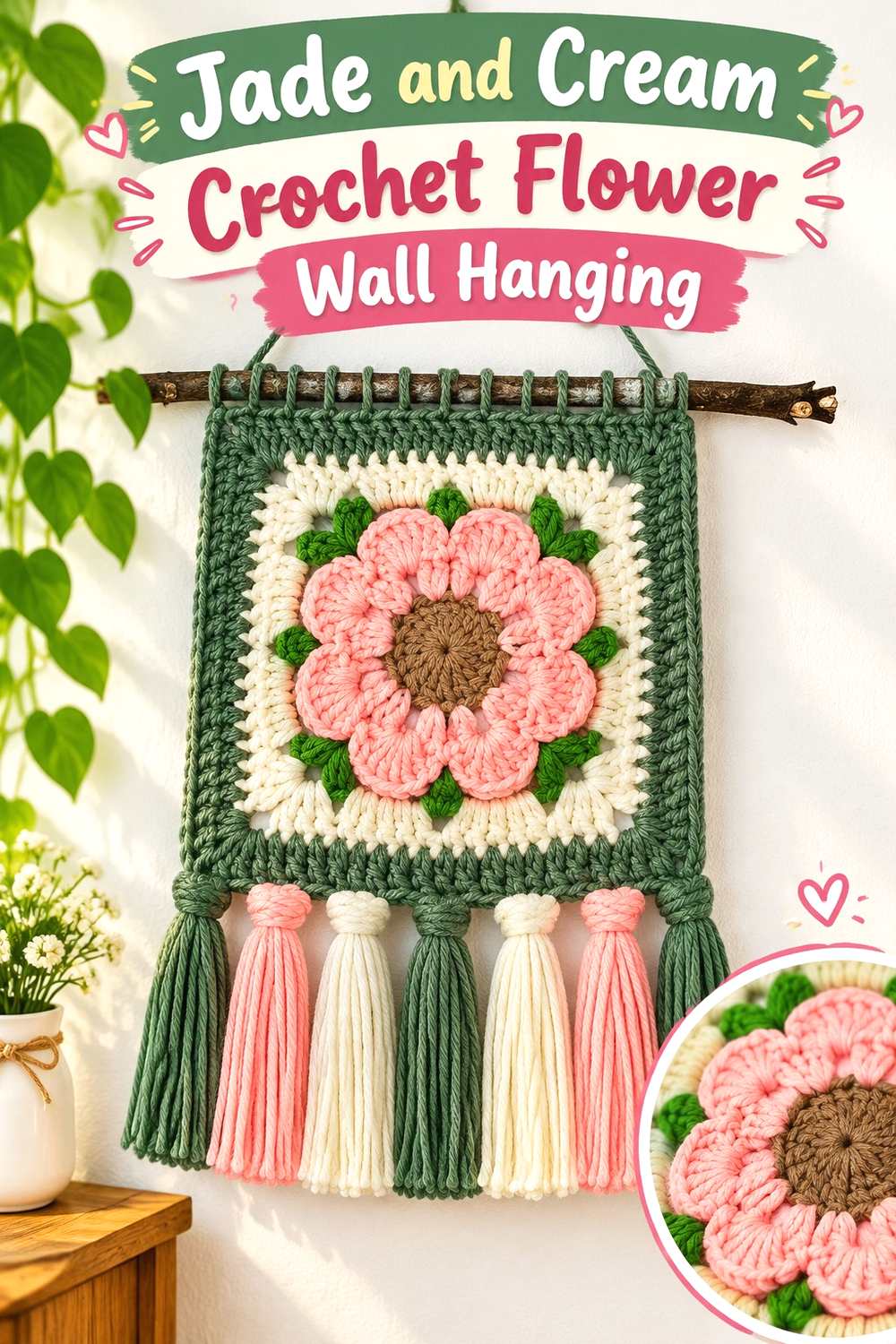 3. Jade And Cream Crochet Flower Wall Hanging